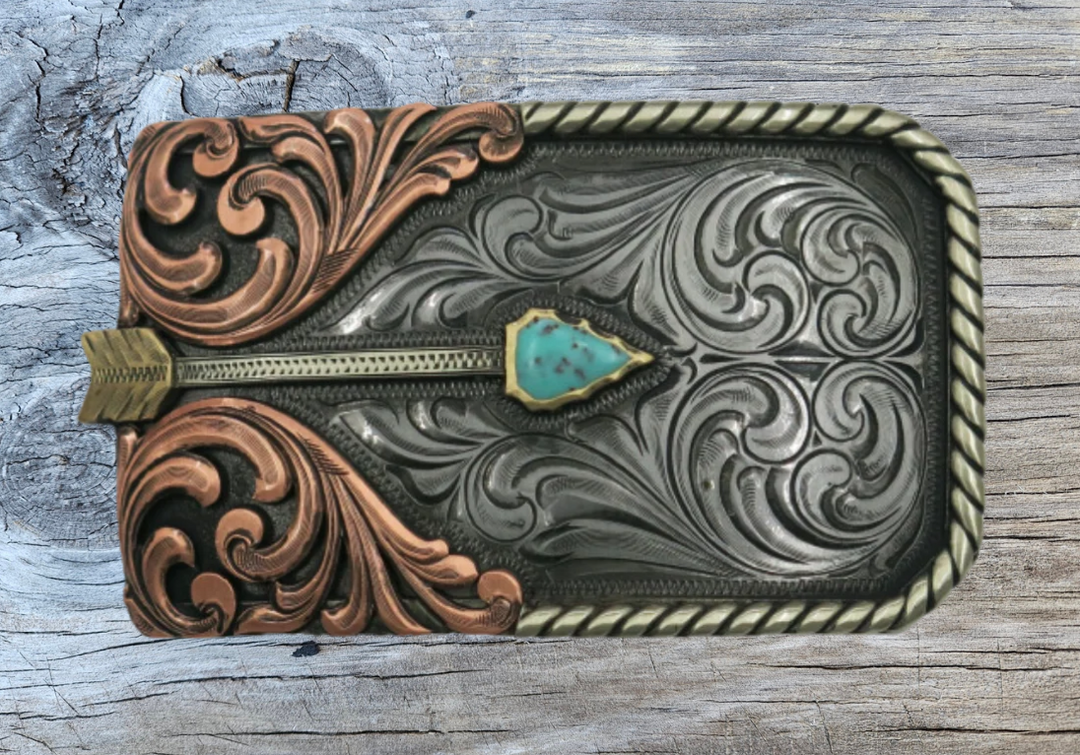 The Westwind Arrow belt buckle is made from German Silver(nickel and brass alloy)or iron metal base. These buckles have motifs made of copper, iron or brass and some are adorned with synthetic stones. In order to give you the quality and long lasting product. Available at our Smyrna, TN shop just outside of Nashville.