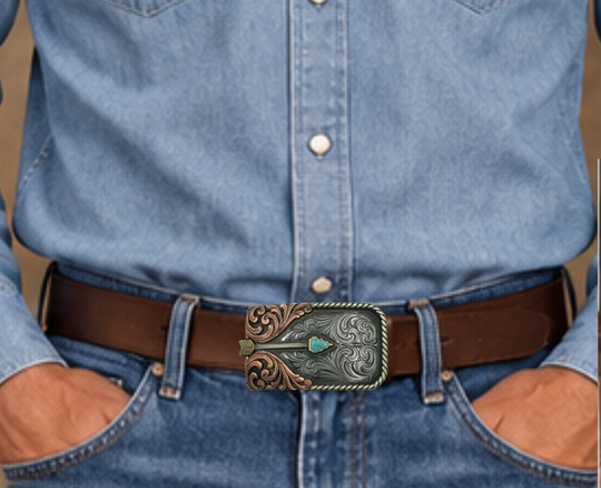 The Westwind Arrow belt buckle is made from German Silver(nickel and brass alloy)or iron metal base. These buckles have motifs made of copper, iron or brass and some are adorned with synthetic stones. In order to give you the quality and long lasting product. Available at our Smyrna, TN shop just outside of Nashville.