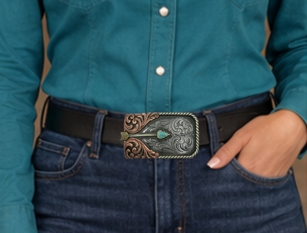 The Westwind Arrow belt buckle is made from German Silver(nickel and brass alloy)or iron metal base. These buckles have motifs made of copper, iron or brass and some are adorned with synthetic stones. In order to give you the quality and long lasting product. Available at our Smyrna, TN shop just outside of Nashville.