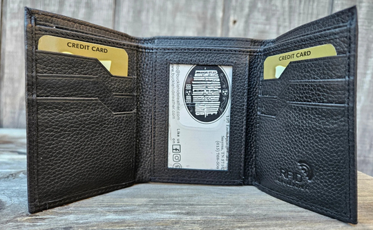 The Winston Tri-fold leather wallet will be your daily carry. Equipped with 8 credit card slots and 1 ID window slot in the center. The main compartments has a cash divider. Lined with RFID blocking. Available in our Smyrna, TN shop near Sewarts Landing.

Made in India.
Approx. Size: 3 1/4"x 4 1/4" when closed.
