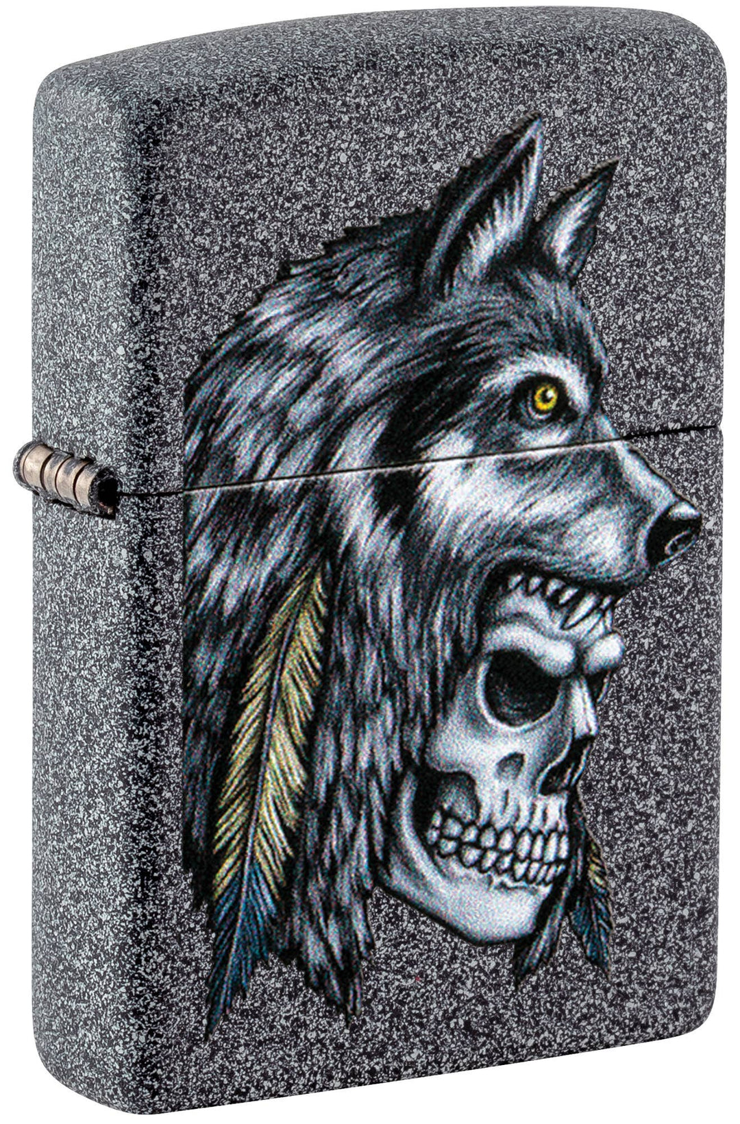 This Iron Stone lighter features an intense skull and wolf design, digitally-transferred color image. All metal construction; windproof design works virtually anywhere. Refillable for a lifetime of use. Comes packaged in a gift box. Available in our Smyrna, TN shop.

Made in USA
Fuel: Zippo lighter fuel (sold separately)
Lighter Specs: Height: 2.25" Width: 0.5" Depth: 1.5" Weight: 2.0 oz
Lifetime guarantee that "it works or we fix it free™" Zippo contact info on gift box.