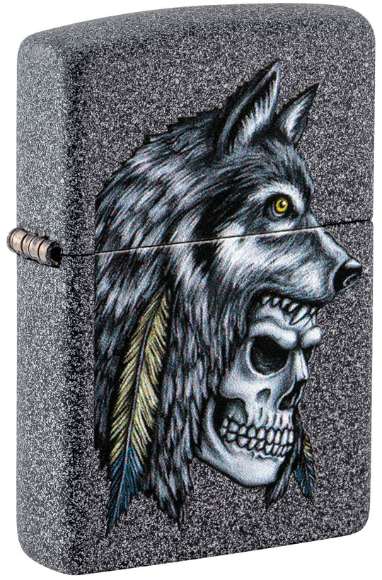 This Iron Stone lighter features an intense skull and wolf design, digitally-transferred color image. All metal construction; windproof design works virtually anywhere. Refillable for a lifetime of use. Comes packaged in a gift box. Available in our Smyrna, TN shop.

Made in USA
Fuel: Zippo lighter fuel (sold separately)
Lighter Specs: Height: 2.25" Width: 0.5" Depth: 1.5" Weight: 2.0 oz
Lifetime guarantee that "it works or we fix it free™" Zippo contact info on gift box.