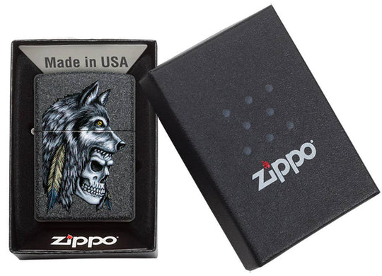 This Iron Stone lighter features an intense skull and wolf design, digitally-transferred color image. All metal construction; windproof design works virtually anywhere. Refillable for a lifetime of use. Comes packaged in a gift box. Available in our Smyrna, TN shop.

Made in USA
Fuel: Zippo lighter fuel (sold separately)
Lighter Specs: Height: 2.25" Width: 0.5" Depth: 1.5" Weight: 2.0 oz
Lifetime guarantee that "it works or we fix it free™" Zippo contact info on gift box.