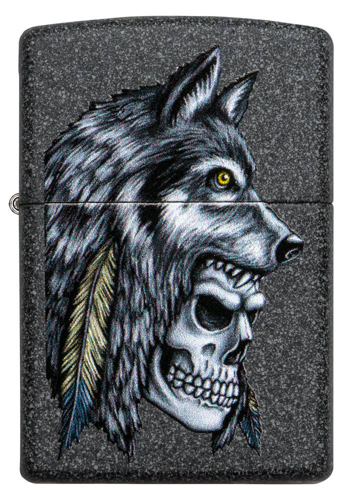 This Iron Stone lighter features an intense skull and wolf design, digitally-transferred color image. All metal construction; windproof design works virtually anywhere. Refillable for a lifetime of use. Comes packaged in a gift box. Available in our Smyrna, TN shop.

Made in USA
Fuel: Zippo lighter fuel (sold separately)
Lighter Specs: Height: 2.25" Width: 0.5" Depth: 1.5" Weight: 2.0 oz
Lifetime guarantee that "it works or we fix it free™" Zippo contact info on gift box.