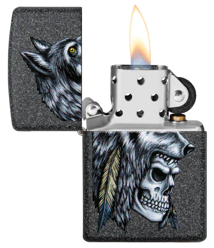 This Iron Stone lighter features an intense skull and wolf design, digitally-transferred color image. All metal construction; windproof design works virtually anywhere. Refillable for a lifetime of use. Comes packaged in a gift box. Available in our Smyrna, TN shop.

Made in USA
Fuel: Zippo lighter fuel (sold separately)
Lighter Specs: Height: 2.25" Width: 0.5" Depth: 1.5" Weight: 2.0 oz
Lifetime guarantee that "it works or we fix it free™" Zippo contact info on gift box.