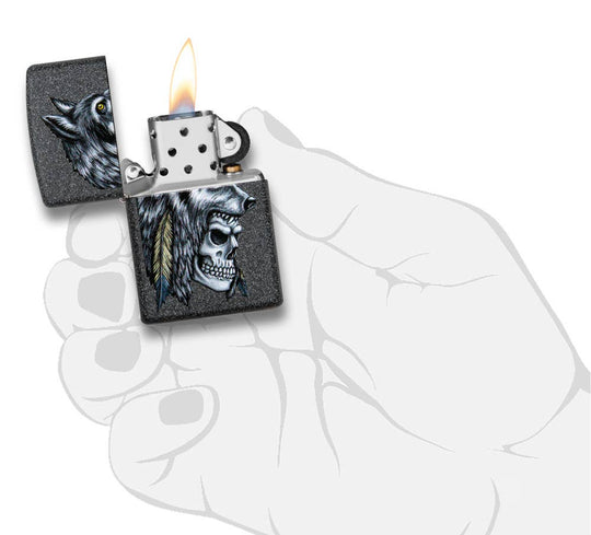 This Iron Stone lighter features an intense skull and wolf design, digitally-transferred color image. All metal construction; windproof design works virtually anywhere. Refillable for a lifetime of use. Comes packaged in a gift box. Available in our Smyrna, TN shop.

Made in USA
Fuel: Zippo lighter fuel (sold separately)
Lighter Specs: Height: 2.25" Width: 0.5" Depth: 1.5" Weight: 2.0 oz
Lifetime guarantee that "it works or we fix it free™" Zippo contact info on gift box.