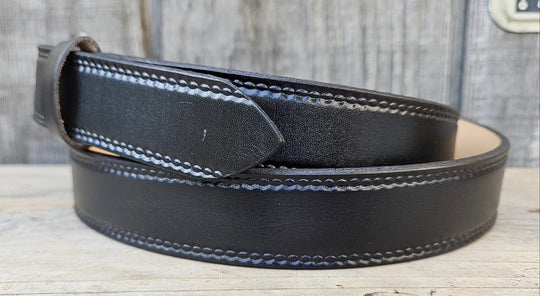 Woodbury leather belt with embossed oval edge pattern side view