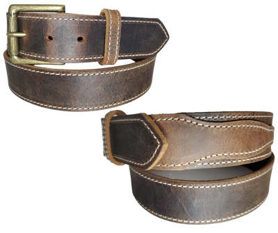 "The Chisholm Trail" is a real leather belt made from a single thick parts of cowhide shoulder leather that is 8-10 oz. or approx. 1/8" thick. It is assembled in 3 main sections 2 billets or end parts and the main center section.  The buckle is antique nickel plated and is snapped in place for easy buckle change.  This belt is stocked in our shop in Smyrna, TN just outside Nashville.