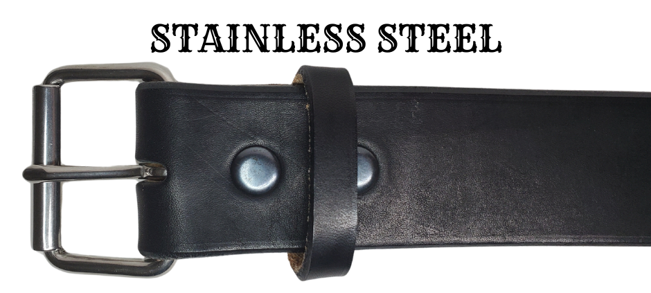 Our EXTRA THICK / EXTRA WIDE leather belt is cut from whole hides of Bridle Leather then snapped and edge burnished in Smyrna, TN, just outside Nashville.  It is a single strip of vegetable tanned Bridle leather approximately 1/4" thick, Drum dyed in a deep reddish brown or Solid Black. Bridle leather is used for horse tack such as bridles and rein straps. It's similar to harness leathers which has tallows and oils which gives it a great feel and durability. 