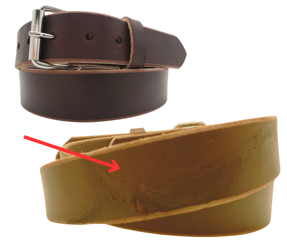 Our 1 1/2" Heavy bridle belt is cut from Sides ( half of the Steer) and sliced into belt strips, holes punched, edges are beveled all in our Smyrna, TN shop just outside of Nashville, TN. Leather is a natural product and color may vary from picture.