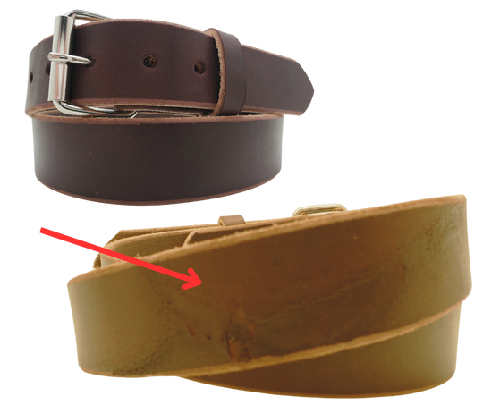 Our 1 1/2" Heavy bridle belt is cut from Sides ( half of the Steer) and sliced into belt strips, holes punched, edges are beveled all in our Smyrna, TN shop just outside of Nashville, TN. Leather is a natural product and color may vary from picture.