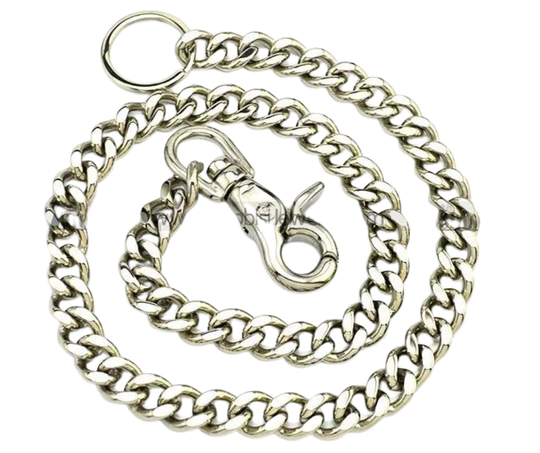 Your wallet chain says something about who you are. This one Stainless Steel Chain is Simple but Sturdy and will keep your wallet where it needs to be. The sturdy scissor clip attaches to your jeans and the split ring attaches to your wallet. Stainless Steel will not chip or peel like like normal chains and will hold up for many years. Ride down and get yours in our shop just outside Nashville in Smyrna, TN.  26" Total Length 26" Total Length
Weight 7.5 oz