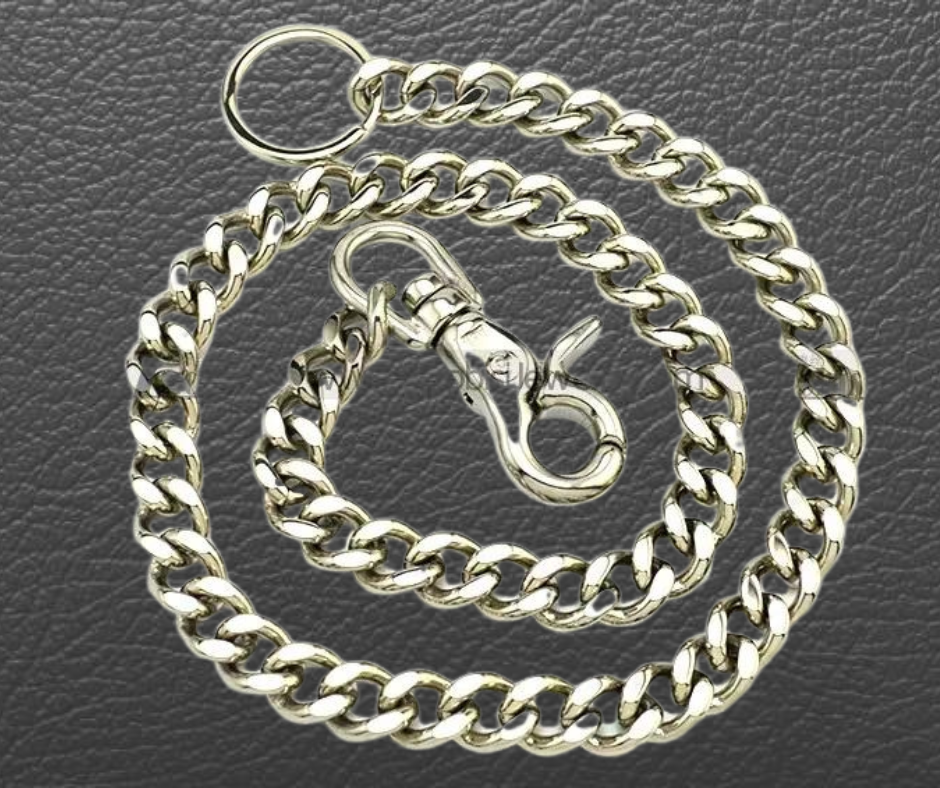 Your wallet chain says something about who you are. This one Stainless Steel Chain is Simple but Sturdy and will keep your wallet where it needs to be. The sturdy scissor clip attaches to your jeans and the split ring attaches to your wallet. Stainless Steel will not chip or peel like like normal chains and will hold up for many years. Ride down and get yours in our shop just outside Nashville in Smyrna, TN.  26" Total Length 26" Total Length
Weight 7.5 oz