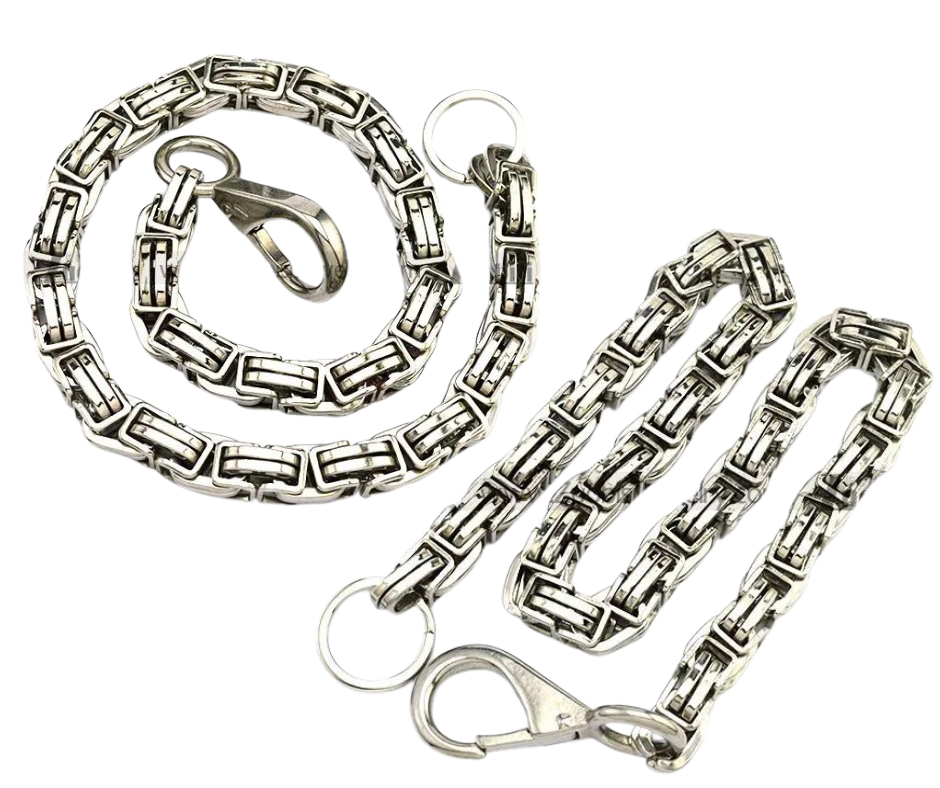 This MEGA Stainless Steel Wallet Chain says something about your personality, it means you go all in! You don't settle for less on anything. NO Posers allowed on your watch so you need Sturdy Stainless Steel Hook and ring holds up under the the stress you put on it daily. This won't chip or peel off, or look like cheap pot metal in a few weeks of what you put it through. Get it right here online or in our shop just outside Nashville in Smyrna, TN.

26" Length, Approx. 1/2" square dia.
Weight 14 oz.
