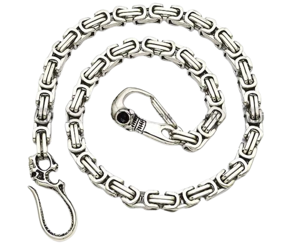 The Captain Hook Stainless Steel Wallet Chain with it's Skull Hook doesn't allow Posers on your watch. You live this every day so you need a Sturdy Stainless Steel Skull Hook and spring Skull holds up under the the stress you put on it daily. This won't chip or peel off, or look like cheap pot metal in a few weeks of what you put it through. Get it right here online or in our shop just outside Nashville in Smyrna, TN.

26" Length, Approx. 3/8" square dia.
Weight 9 oz. Not a wimpy chain!