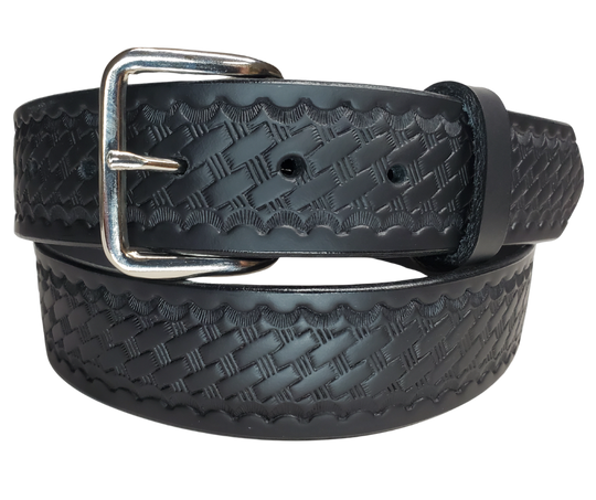 Part of our basic embossed Black belt series. Drum Dyed (dyed at the tannery all the way thru the leather) approx. 1/8" thick cowhide that we emboss in our shop. It has a width of 1 1/2" and is fitted with a simple nickel-plated buckle, along with smooth burnished painted edges. The belt has a ALL BLACK name customization option so Type Name or No Name in the Name here box. Buckle snaps for easy changing. Available for quick shipment from our Smyrna, TN shop. just a short  drive from Nashville. 