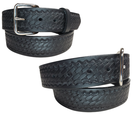 Part of our basic embossed Black belt series. Drum Dyed (dyed at the tannery all the way thru the leather) approx. 1/8" thick cowhide that we emboss in our shop. It has a width of 1 1/2" and is fitted with a simple nickel-plated buckle, along with smooth burnished painted edges. The belt has a ALL BLACK name customization option so Type Name or No Name in the Name here box. Buckle snaps for easy changing. Available for quick shipment from our Smyrna, TN shop. just a short  drive from Nashville. 