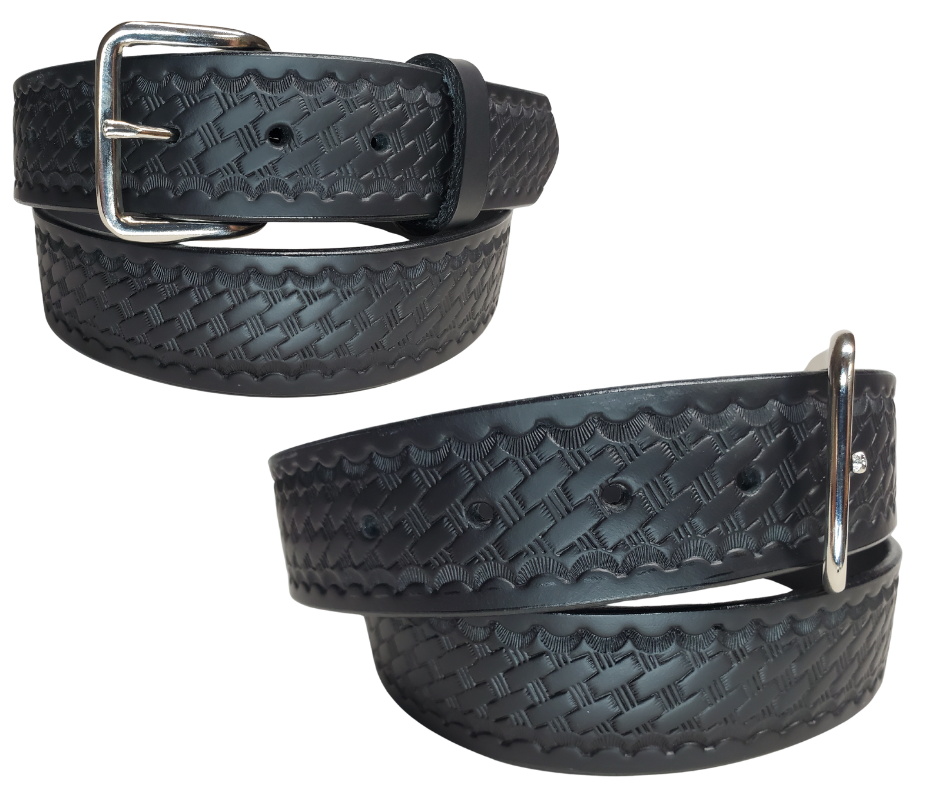 Part of our basic embossed Black belt series. Drum Dyed (dyed at the tannery all the way thru the leather) approx. 1/8" thick cowhide that we emboss in our shop. It has a width of 1 1/2" and is fitted with a simple nickel-plated buckle, along with smooth burnished painted edges. The belt has a ALL BLACK name customization option so Type Name or No Name in the Name here box. Buckle snaps for easy changing. Available for quick shipment from our Smyrna, TN shop. just a short  drive from Nashville. 