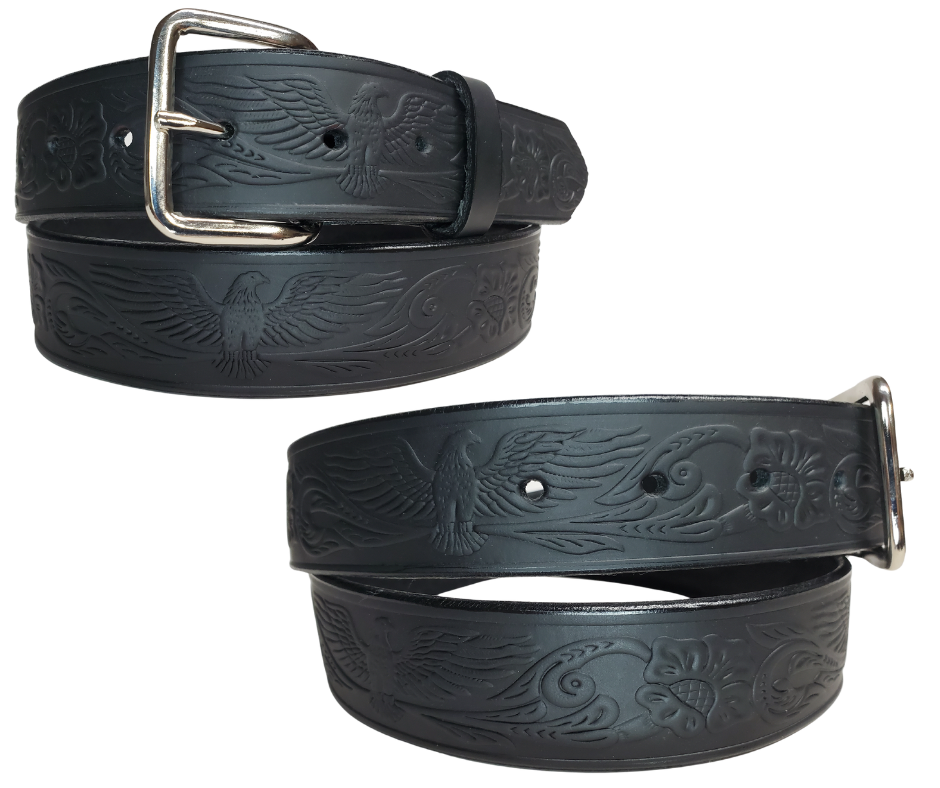 Part of our basic embossed Black belt series. Drum Dyed (dyed at the tannery all the way thru the leather) approx. 1/8" thick cowhide that we emboss in our shop. It has a width of 1 1/2" and is fitted with a simple nickel-plated buckle, along with smooth burnished painted edges. The belt has a ALL BLACK name customization option so Type Name or No Name in the Name here box. Buckle snaps for easy changing. Available for quick shipment from our Smyrna, TN shop. just a short  drive from Nashville. 