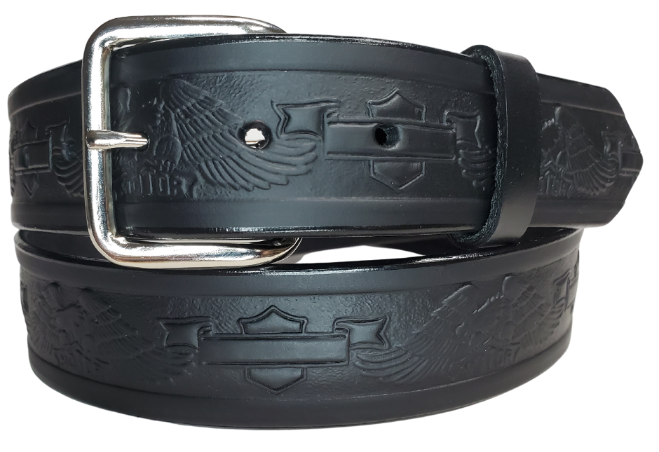 Part of our basic embossed Black belt series. Drum Dyed (dyed at the tannery all the way thru the leather) approx. 1/8" thick cowhide that we emboss in our shop. It has a width of 1 1/2" and is fitted with a simple nickel-plated buckle, along with smooth burnished painted edges. The belt has a ALL BLACK name customization option so Type Name or No Name in the Name here box. Buckle snaps for easy changing. Available for quick shipment from our Smyrna, TN shop. just a short  drive from Nashville. 