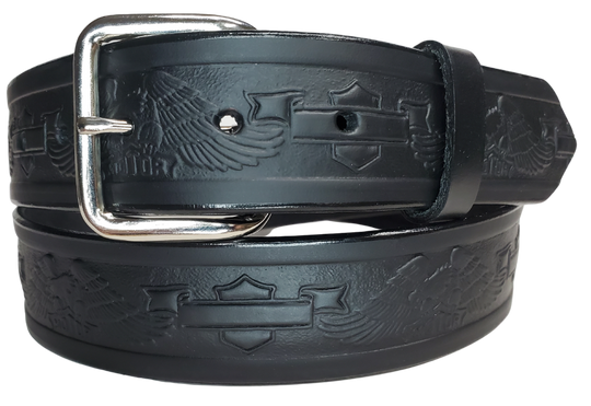 Part of our basic embossed Black belt series. Drum Dyed (dyed at the tannery all the way thru the leather) approx. 1/8" thick cowhide that we emboss in our shop. It has a width of 1 1/2" and is fitted with a simple nickel-plated buckle, along with smooth burnished painted edges. The belt has a ALL BLACK name customization option so Type Name or No Name in the Name here box. Buckle snaps for easy changing. Available for quick shipment from our Smyrna, TN shop. just a short  drive from Nashville. 