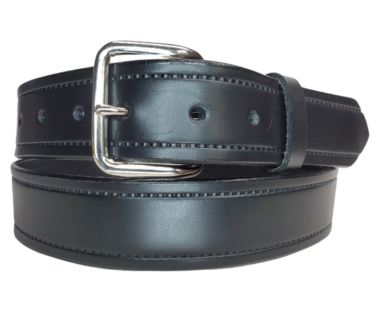 Part of our basic embossed Black belt series. Drum Dyed (dyed at the tannery all the way thru the leather) approx. 1/8" thick cowhide that we emboss in our shop. It has a width of 1 1/2" and is fitted with a simple nickel-plated buckle, along with smooth burnished painted edges. The belt has a ALL BLACK name customization option so Type Name or No Name in the Name here box. Buckle snaps for easy changing. Available for quick shipment from our Smyrna, TN shop. just a short  drive from Nashville. 