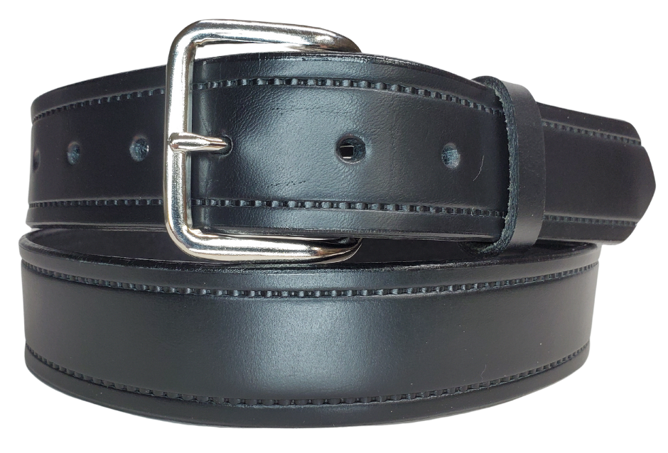 Part of our basic embossed Black belt series. Drum Dyed (dyed at the tannery all the way thru the leather) approx. 1/8" thick cowhide that we emboss in our shop. It has a width of 1 1/2" and is fitted with a simple nickel-plated buckle, along with smooth burnished painted edges. The belt has a ALL BLACK name customization option so Type Name or No Name in the Name here box. Buckle snaps for easy changing. Available for quick shipment from our Smyrna, TN shop. just a short  drive from Nashville. 