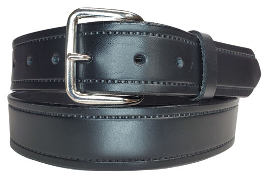 Part of our basic embossed Black belt series. Drum Dyed (dyed at the tannery all the way thru the leather) approx. 1/8" thick cowhide that we emboss in our shop. It has a width of 1 1/2" and is fitted with a simple nickel-plated buckle, along with smooth burnished painted edges. The belt has a ALL BLACK name customization option so Type Name or No Name in the Name here box. Buckle snaps for easy changing. Available for quick shipment from our Smyrna, TN shop. just a short  drive from Nashville. 