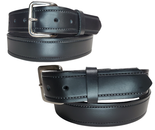 Part of our basic embossed Black belt series. Drum Dyed (dyed at the tannery all the way thru the leather) approx. 1/8" thick cowhide that we emboss in our shop. It has a width of 1 1/2" and is fitted with a simple nickel-plated buckle, along with smooth burnished painted edges. The belt has a ALL BLACK name customization option so Type Name or No Name in the Name here box. Buckle snaps for easy changing. Available for quick shipment from our Smyrna, TN shop. just a short  drive from Nashville. 