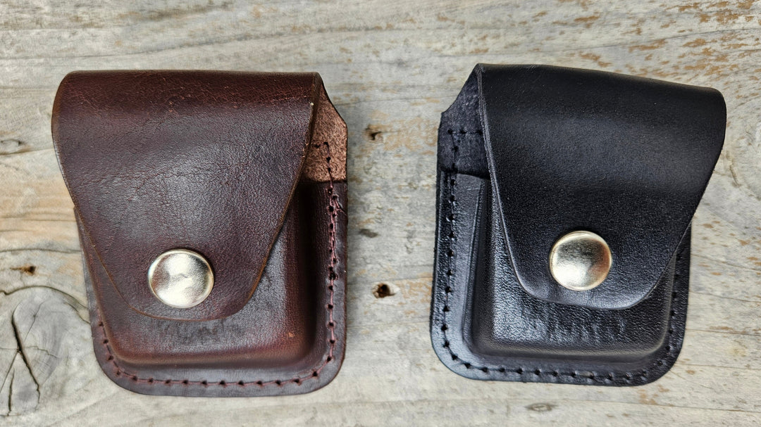 Made in USA Leather Case to hold "Zippo Style" Lighter, belt loop on back . Available in Black or Brown.