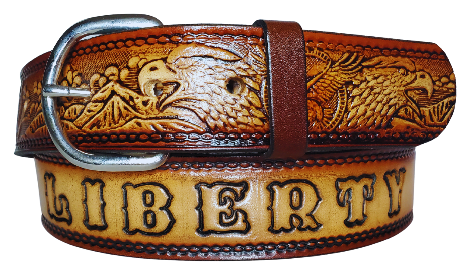 This All American Eagle leather belt features Wild Eagles in an antiqued Brown finish with a 1 1/2" width. It is crafted from full grain veg-tanned cowhide, with smooth burnished painted edges and a nickel-plated buckle. For customizing, simply type your desired name or No Name in the "Type Name Here" section,  the buckle can be easily interchanged as well. This product is in stock at our Smyrna, TN shop