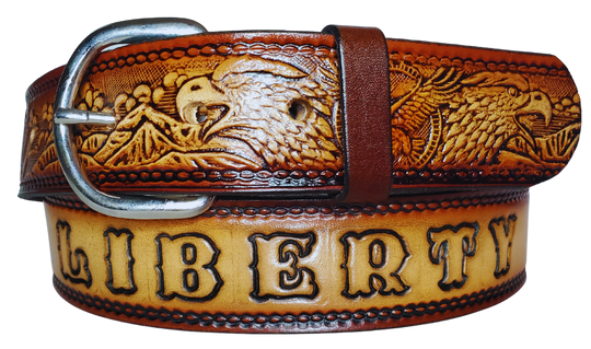 This All American Eagle leather belt features Wild Eagles in an antiqued Brown finish with a 1 1/2" width. It is crafted from full grain veg-tanned cowhide, with smooth burnished painted edges and a nickel-plated buckle. For customizing, simply type your desired name or No Name in the "Type Name Here" section,  the buckle can be easily interchanged as well. This product is in stock at our Smyrna, TN shop