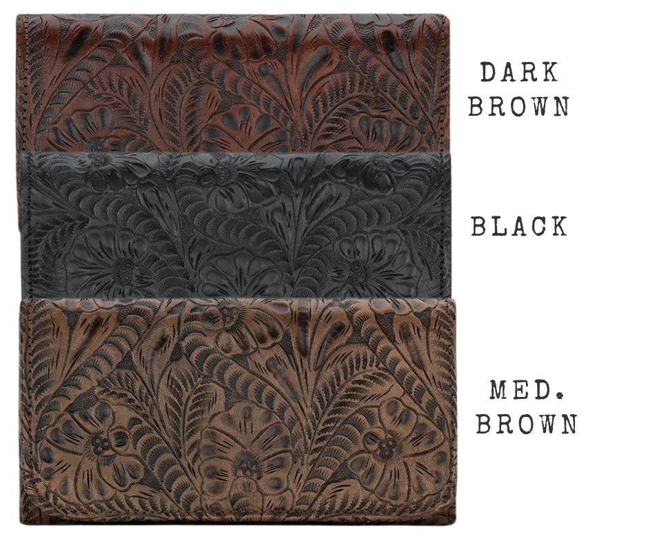 Full grain leather tri-fold wallet hand-stained, boasting a wild western floral hand-tooled pattern. Snappily close it with the spring snap and store your coins in the back zippered pocket. Inside the wallet, you'll find 12 credit card slots, an ID spot, multiple currency stations, and a checkbook flap! Plus, with the cotton linen dividing the pockets, it stays lightweight. Collect yours from our Smyrna, TN spot near Nashville!