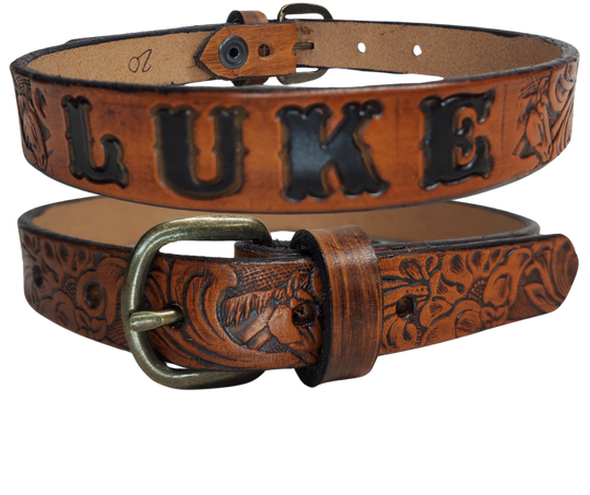 Our Baby NAME leather belts are just like the belts for dad or mom. Full grain American vegetable tanned cowhide approx. 1/8"thick. Width is 1" and includes Nickel plated or Antique Brass colored buckle. We Hand Finish and burnish these just like our adult belts. Made in our Smyrna, TN, USA shop. A SINGLE snap makes a easy buckle change if desired. Choose with or without name, if without name, design will cover entire length of belt. Made in our Smyrna, TN shop outside of Nashville