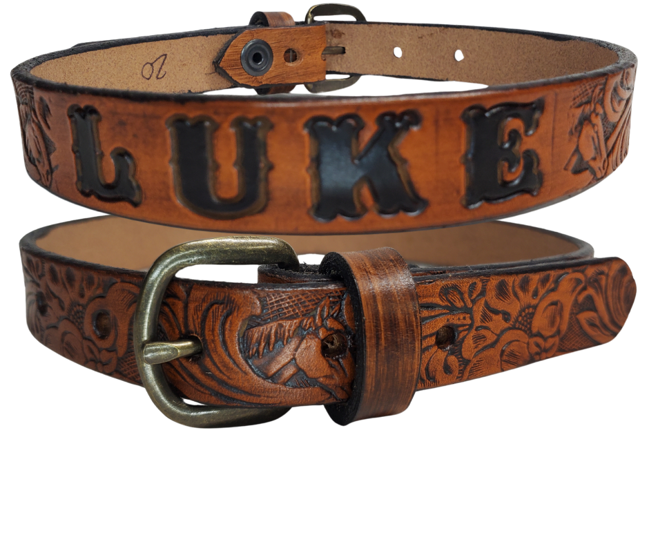 Our Baby NAME leather belts are just like the belts for dad or mom. Full grain American vegetable tanned cowhide approx. 1/8"thick. Width is 1" and includes Nickel plated or Antique Brass colored buckle. We Hand Finish and burnish these just like our adult belts. Made in our Smyrna, TN, USA shop. A SINGLE snap makes a easy buckle change if desired. Choose with or without name, if without name, design will cover entire length of belt. Made in our Smyrna, TN shop outside of Nashville