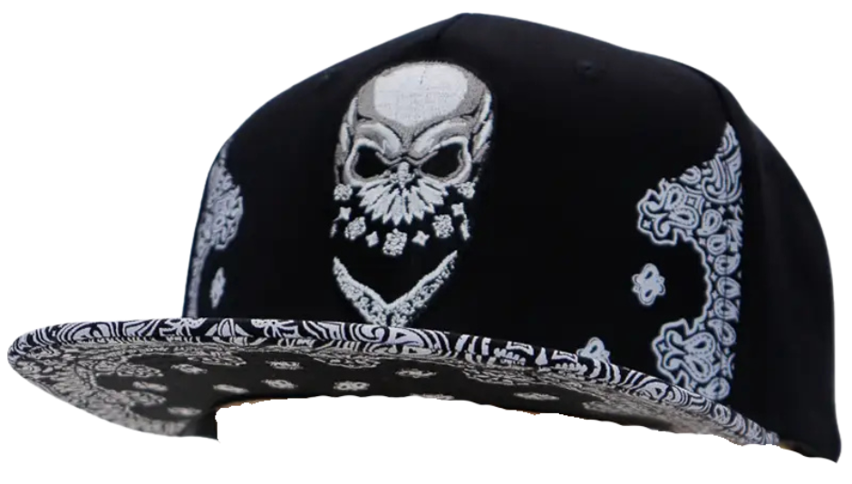 Skull Embroidered Paisley Bandana Print Six Panel Flat Bill Cotton Snapback. A skull is framed by a Timeless bandana design on the bill. In Stock at our Smyrna, TN shop not far from Murfreesboro.

100% Cotton
Snapback adjustment
