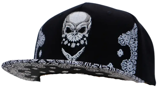 Skull Embroidered Paisley Bandana Print Six Panel Flat Bill Cotton Snapback. A skull is framed by a Timeless bandana design on the bill. In Stock at our Smyrna, TN shop not far from Murfreesboro.

100% Cotton
Snapback adjustment