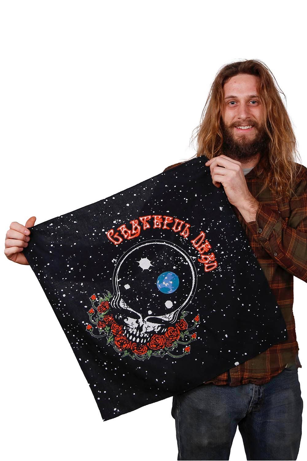 Grateful Dead Space bandana. Fully licensed by Grateful Dead productions. The Grateful Dead are the psychedelic era's most beloved musical ambassadors and one of the most powerful bands of all time. Get yours at our Smyrna, TN shop not far from Murfreesboro.

Colorfast dyes on super soft, 100% cotton.
Measures 22 inches x 22 inches.
Handcrafted in India using traditional techniques.