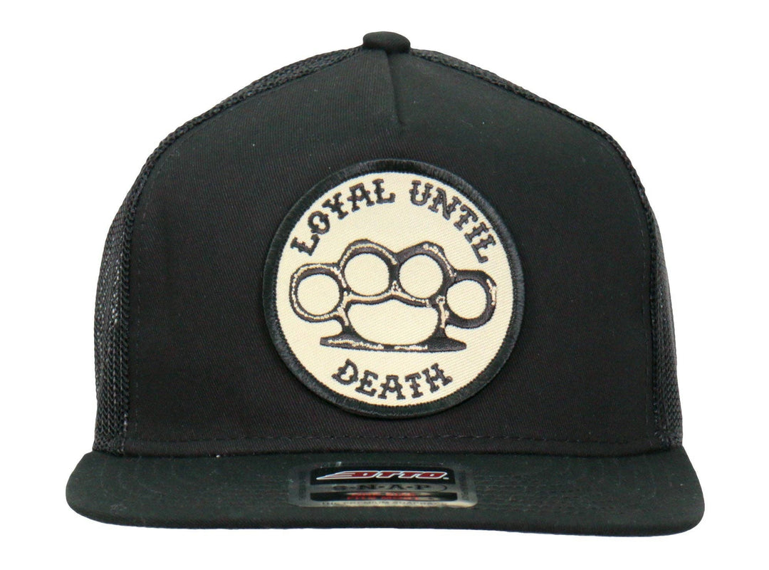 Front view - Loyal Until Death Patch flat bill Snap Back Hat. Its a cotton/polyester blend helps the hat hold its shape for long time use. Otto Brand mesh style back hat with a plastic adjustable tab. Ride to our Smyrna, TN shop not far from Murfreesboro.