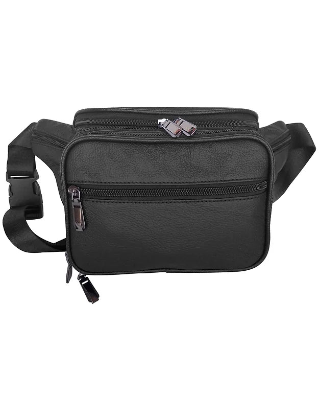 Cowhide leather fanny pack.&nbsp;Spacious main compartment.&nbsp;Interior canvas lining.&nbsp;Front side has 5 compartments on the front side, includes 1 expandable pocket with 6 credit card slots.&nbsp;Waist strap is a soft nylon.&nbsp;Strap expands up to 55" . Has an additional zipper pocket. Get yours at our Smyrna, TN shop.

Size: 7”x 12”x 4”