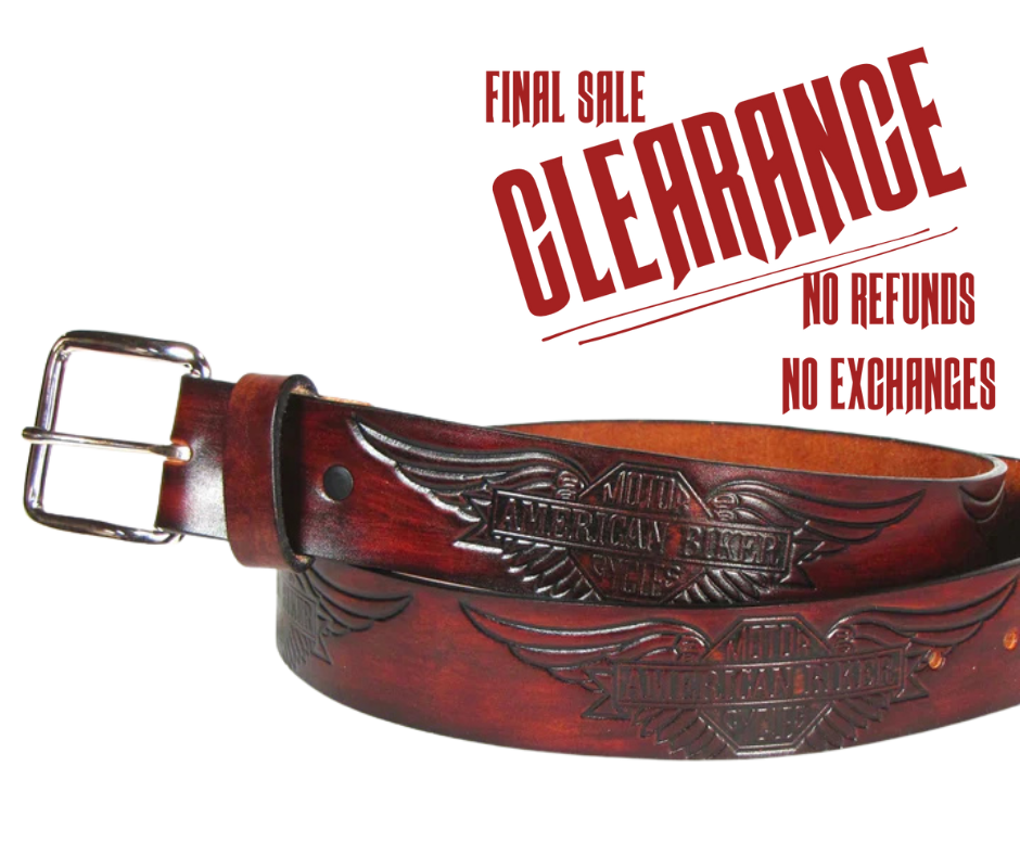 

This USA made veg-tan leather belt is approx. 1/8" thick, 1 1/2"width with no fillers to split or rip apart. The belt features American Biker & Eagle heads embossed around the entire belt. The leather is comfortable from day one. Buckle is silver colored and snapped on for easy buckle change. We don't make this belt but it's Buckle and Hide approved and still made in the USA.