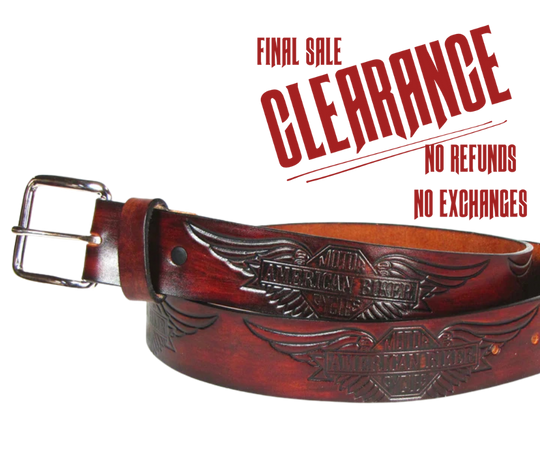

This USA made veg-tan leather belt is approx. 1/8" thick, 1 1/2"width with no fillers to split or rip apart. The belt features American Biker & Eagle heads embossed around the entire belt. The leather is comfortable from day one. Buckle is silver colored and snapped on for easy buckle change. We don't make this belt but it's Buckle and Hide approved and still made in the USA.