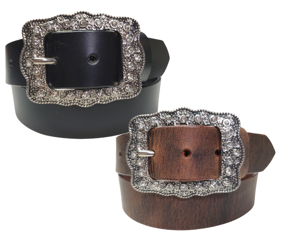 Sparkle up your evening with the Bling It! Leather Belt! Just enough buckle dazzle on a basic Black or Distressed Brown leather to make your outfit pop for ladies night. At 1 1/2" wide, it's the ideal companion for your favorite jeans and boots. Want to switch things up? You can even swap out the buckle! Swing by our Smyrna shop, just a hop and skip from Nashville, to add some shine to your style.