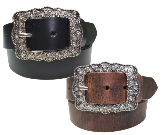 Sparkle up your evening with the Bling It! Leather Belt! Just enough buckle dazzle on a basic Black or Distressed Brown leather to make your outfit pop for ladies night. At 1 1/2" wide, it's the ideal companion for your favorite jeans and boots. Want to switch things up? You can even swap out the buckle! Swing by our Smyrna shop, just a hop and skip from Nashville, to add some shine to your style.