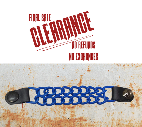 A blue chain-link vest chain with black leather ends and metal snap buttons.