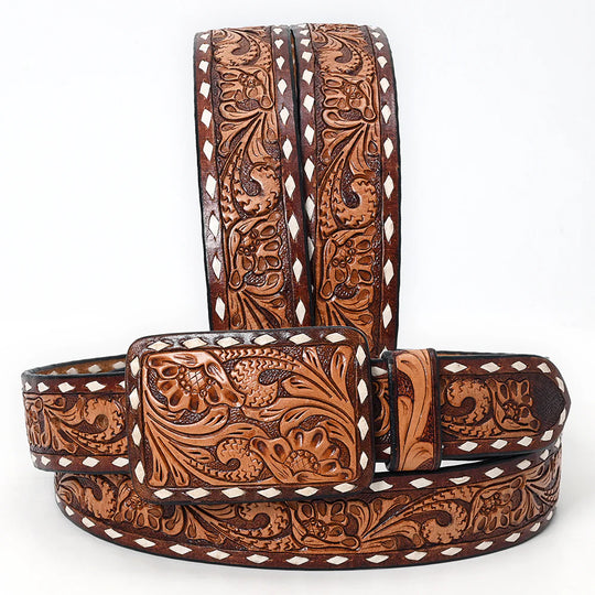 This all veg-tan Leather belt boasts a traditional saddle style floral design complete with White buck lacing down the edge. The design is colored in a classic brown edge and natural center. The Matching leather belt buckle can be easily removed and changed thanks to the screw post closure. Whether you choose to shop online or visit our Smyrna, TN store, not far from Famous downtown Nashville. Imported.