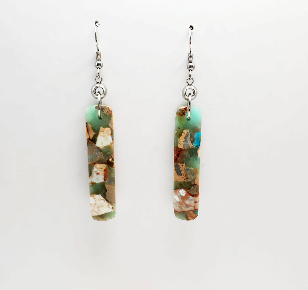 -The earrings are stainless steel with Aqua Terra Jasper stone -The ear wires are stainless steel. -The earrings measure 3/8" wide -They measure 3" in total length -Medium weight -You will receive a pair similar to these pictured. Stocked at our Smyrna, TN shop down I-24 from downtown.