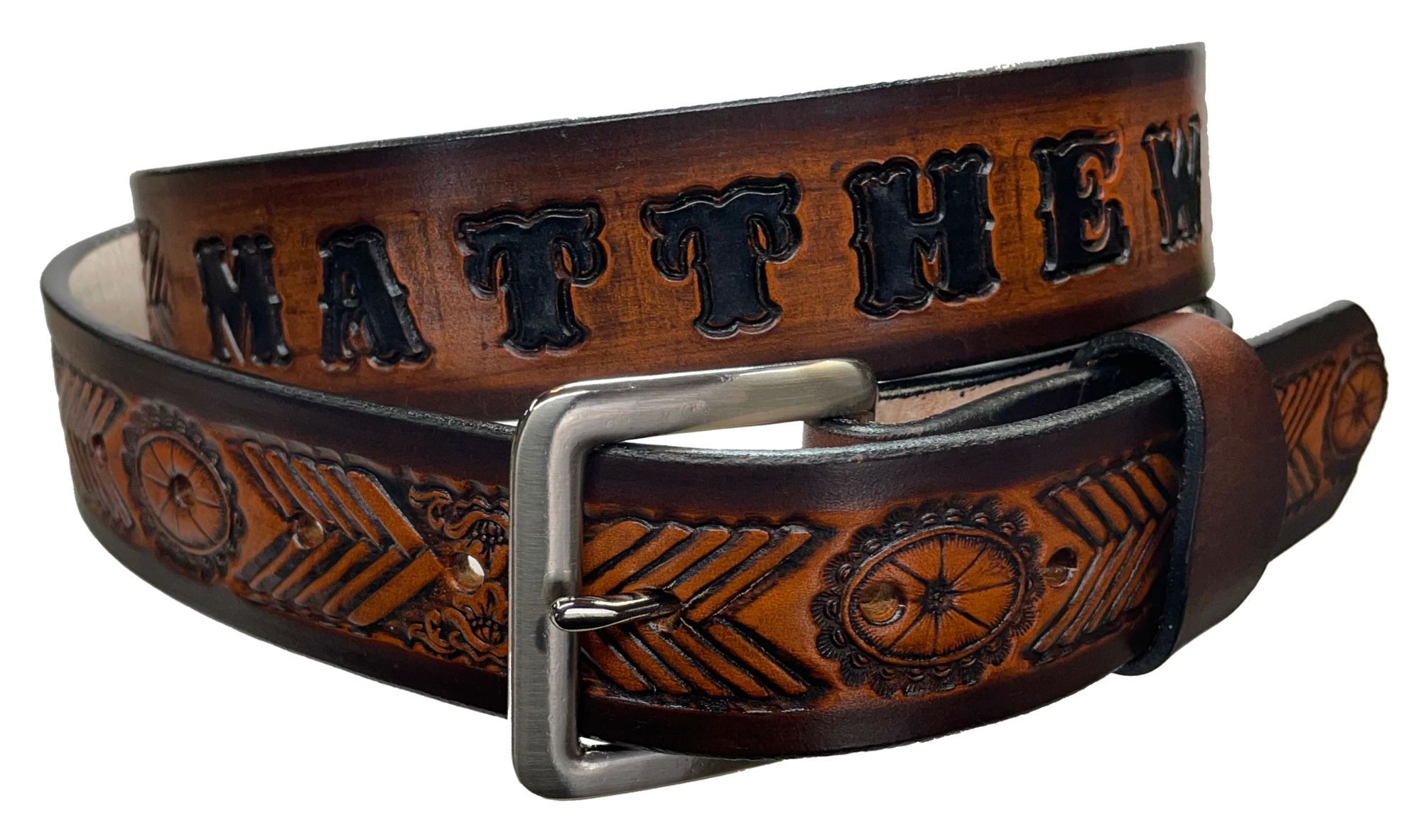 This unique belt features a chevron shape that replicates a hand-laced look, plus an oval concho. Snap-on buckle made from veg tan cowhide in your choice of finish or with a name. Crafted with care in Tennessee, just a hop, skip, and a jump away from Nashville.