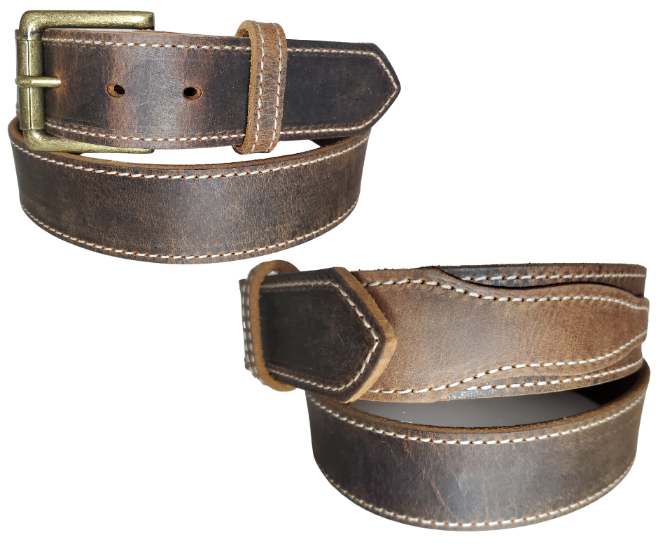 Chisholm Trail distressed brown Western leather belt front and side view.