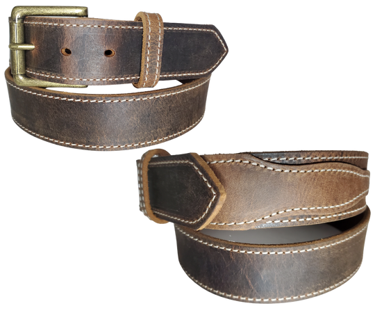 Chisholm Trail distressed brown Western leather belt front and side view.